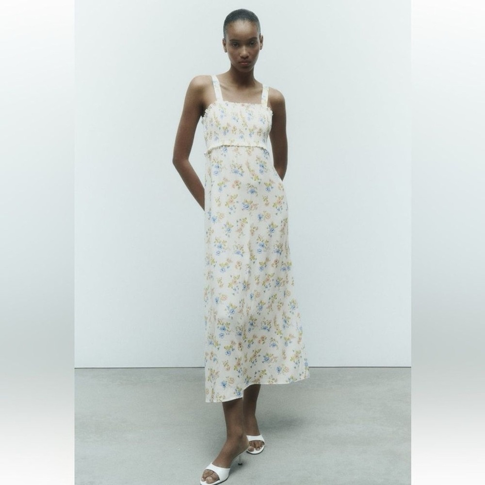 Zara Midi Floral Print Smocked Dress